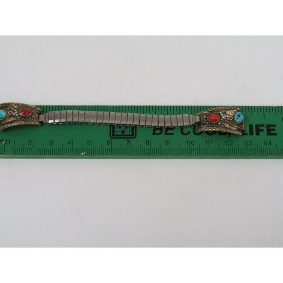 VTG Sterling Silver 12kt Gold F Womens Southwestern Turquoise Coral Watch Band - Picture 8 of 10